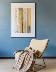 Beige lounge chair with blanket against blue wall with big art poster. Scandinavian home interior design of modern living room.