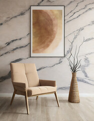 Beige lounge chair against marble wall with abstract poster Minimalist home interior design