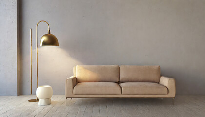 Beige rustic sofa and floor lamp against concrete wall with copy space. Minimalist home interior design of modern living room.