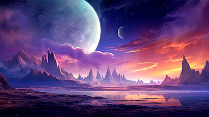 Fantasy background of a mountain lake and night sky. Mystical AI generated illustration.