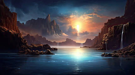 Enchanting landscape of a mountain lake and sunset sky. AI generated illustration.