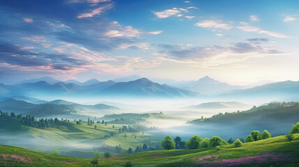 Beautiful spring hillside covered with fog and trees. AI generated illustration.