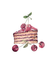 Piece of cake with cherries. Layered cake. Isolated mixed illustration
