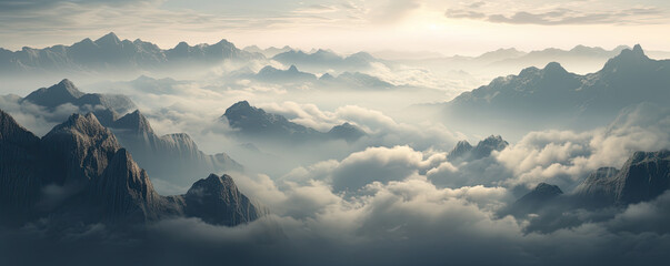 Mesmerizing foggy cloudy mountain landscape. AI generated illustration. - obrazy, fototapety, plakaty