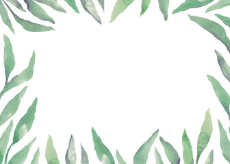 Fototapeta premium Green blades of grass. Frame of branches with leaves. Watercolor illustration