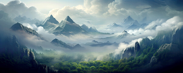 Mystical foggy cloudy mountain landscape. AI generated illustration. - Powered by Adobe
