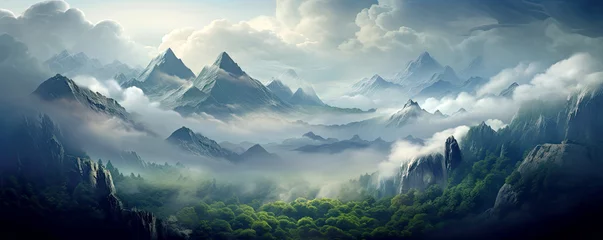 Foto op Plexiglas Mystical foggy cloudy mountain landscape. AI generated illustration. © Ольга Зуевская