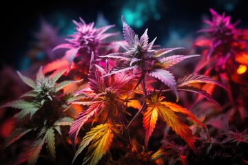 A group of marijuana plants in a dark room.