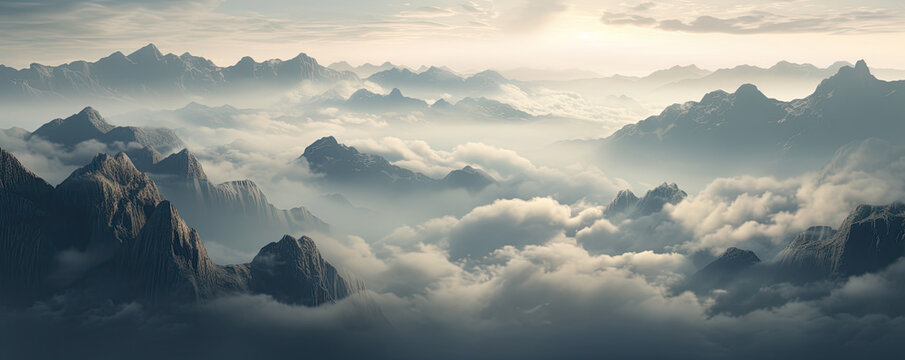 Mesmerizing foggy cloudy mountain landscape. AI generated illustration.