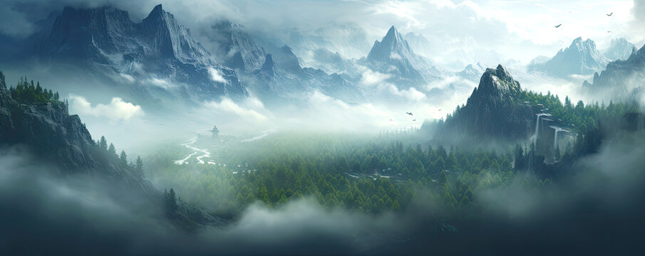 Fototapeta Fantasy mountain country background. Mesmerizing landscape with a foggy mountain river. AI generated illustration.