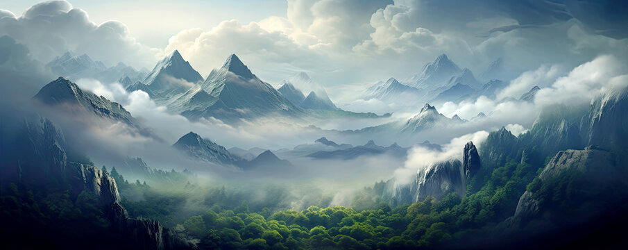 Fototapeta Mystical foggy cloudy mountain landscape. AI generated illustration.