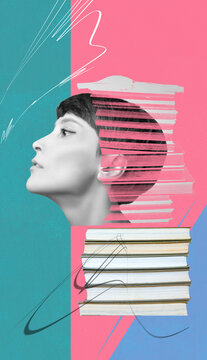 Abstract human head and books. Creative idea symbol, art design or collage. Mental Health, thinking, psychology, education concept