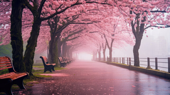 Blooming cherry blossom urban landscape. Empty alley for relaxing walk with benches and falling petals. Romantic AI generated illustration.