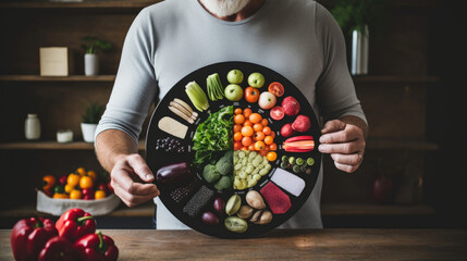 A man holding a plate with a variety of fruits and vegetables on it.