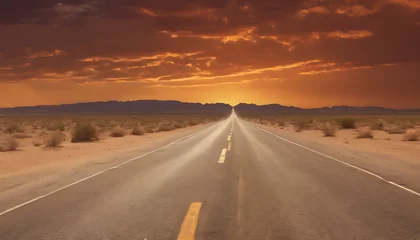 Photo sur Plexiglas Brique A long, straight road stretches into the vast desert landscape under an orange sky, the setting sun casting its warm glow across the solitary terrain