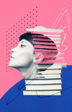 Abstract human head and books. Creative idea symbol, art design or collage. Mental Health, thinking, psychology, education concept