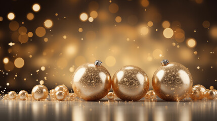 Christmas gold baubles on bokeh background with copy space. Christmas and New Year decoration banner background. Glowing yellow light bokeh