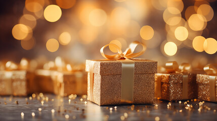 Golden gift boxes with golden bow on bokeh background with copy space. Christmas and New Year concept. Festive decoration on wooden table against defocused lights
