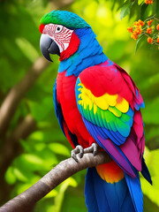 Obraz premium Beautiful Colorful View of wild Parrot sitting on the branch of green tree Generated by AI.