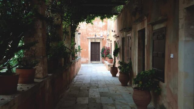 View of Greek Orthodox monastery Agia Triada in the Akrotiri peninsula in the Chania, Crete. Greece.