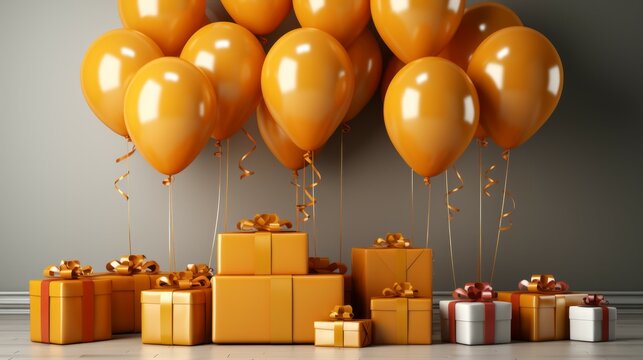 promotion sale with orange podium gifts, shopping bag and balloon on minimal orange background.