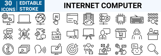 Fototapeta na wymiar set of 30 line web icons Internet computer. Containing online, computer, network, website, server, web design, hardware, software and programming. Editable stroke.