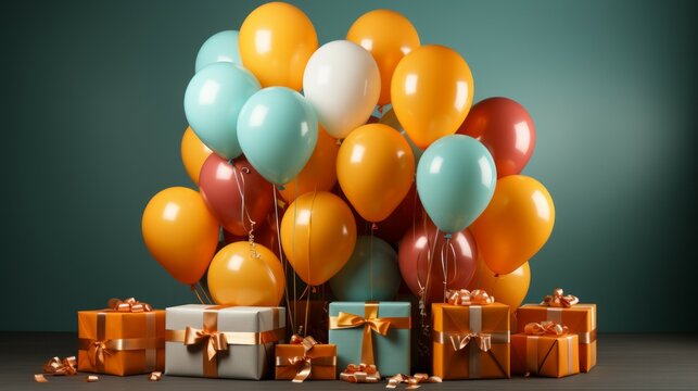 promotion sale with orange podium gifts, shopping bag and balloon on minimal orange background.