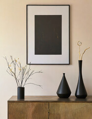 Black decorative vases on wooden cabinet near beige wall with art poster Minimalist home interior design
