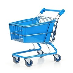 A blue shopping cart on a white background.