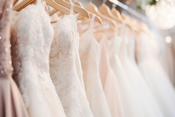 Elegant wedding dresses hanging on hangers in shop. Bridal dress in wedding boutique salon - obrazy, fototapety, plakaty