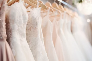 Foto op Aluminium Elegant wedding dresses hanging on hangers in shop. Bridal dress in wedding boutique salon © Lazy_Bear