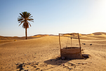 Old water well in the desert with palm tree and dunes in the background