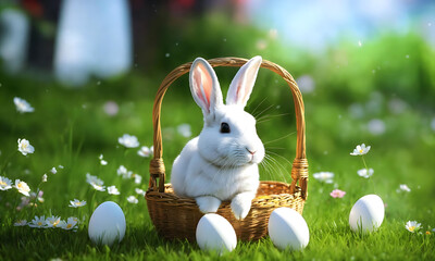 ne alone white Happy fluffy Easter Bunny with many white eggs on fresh green grass background. new life. spring season. Springtime. many natural flowers around. happy easter celebration Generative ai