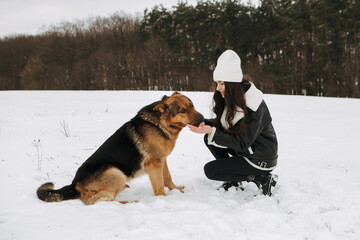 Young woman walk the dog German Shepherd in winter field forest, running playing with snow, training the animal in harsh conditions, wind blowing. Christmas Time, New Year

