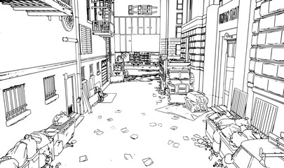 Alley between buildings with garbage cans garbage truck of a city in black and white vector