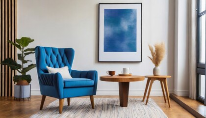 Blue armchair near wooden long coffee table against of white wall with big art canvas poster frame. Mid-century interior design of modern living room