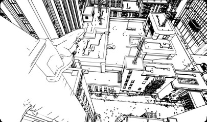 Person looking from the top of a building with gargoyles towards the city in black and white lineart vector