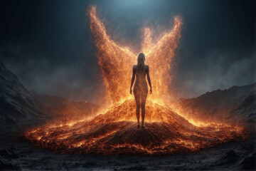 A beautiful female body against the background of fire, the interaction of man and fire - obrazy, fototapety, plakaty