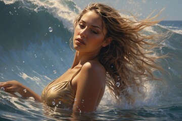 A beautiful female body interacts with the water element, the power of water