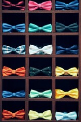 A showcase men's wardrobe with bow ties of different colors neatly placed side by side, each in its...