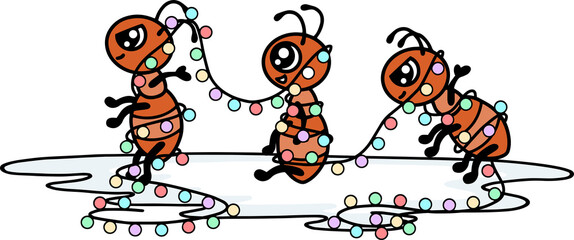 Ants with Christmas tree and lights.