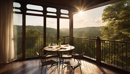A large glass balcony furnished with a chair and table overlooks a lush forest, surrounded by windows under the sunny sky