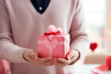 Young couple with gift box hugging at home