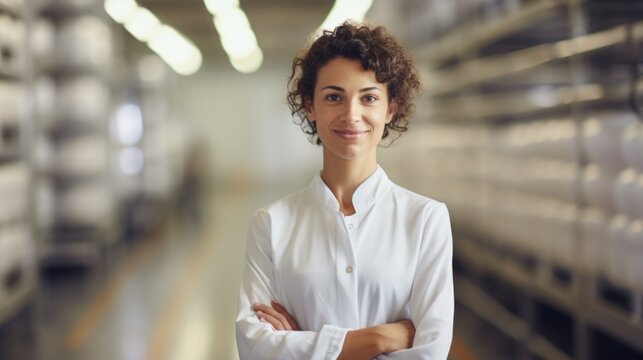 A Woman In A White Shirt Standing In A Warehouse. Cheese Production Facility.