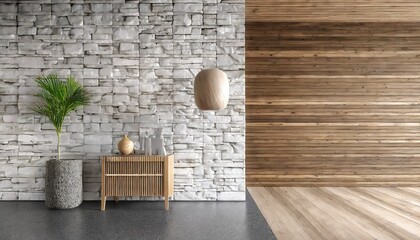 Coastal interior design of modern entrance hall with stone tiles wall and wooden rustic elements