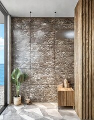 Coastal interior design of modern entrance hall with stone tiles wall and wooden rustic elements