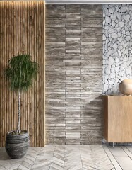 Coastal interior design of modern entrance hall with stone tiles wall and wooden rustic elements