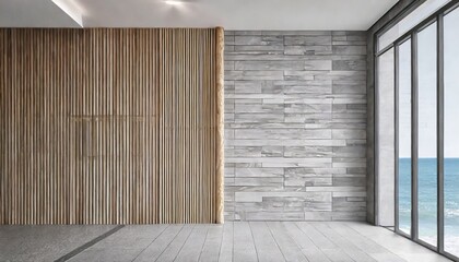 Coastal interior design of modern entrance hall with stone tiles wall and wooden rustic elements