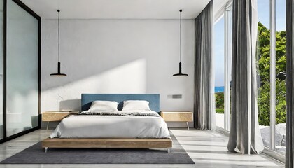 Coastal style interior design of modern bedroom with empty mock-up poster frame. Beach Side Bedroom Interior Design