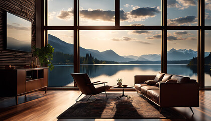 A living room with a large window offers a view of a lake and mountains, furnished with a leather chair, couch, and bookshelf on a rug